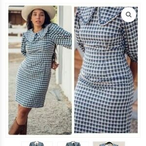 JessaKae Jessy Jane Collar 3/4 Puff Sleeves Blue Check Dress Size L